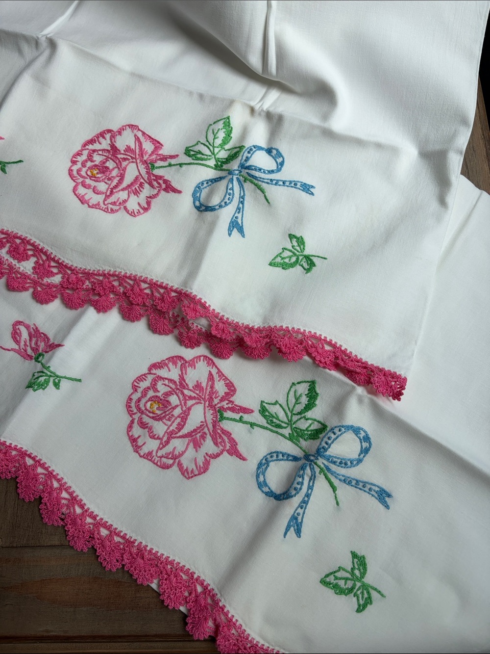 Vintage Embroidered Rose & Blue Bow White Pillowcases with Pink Crochet Trim